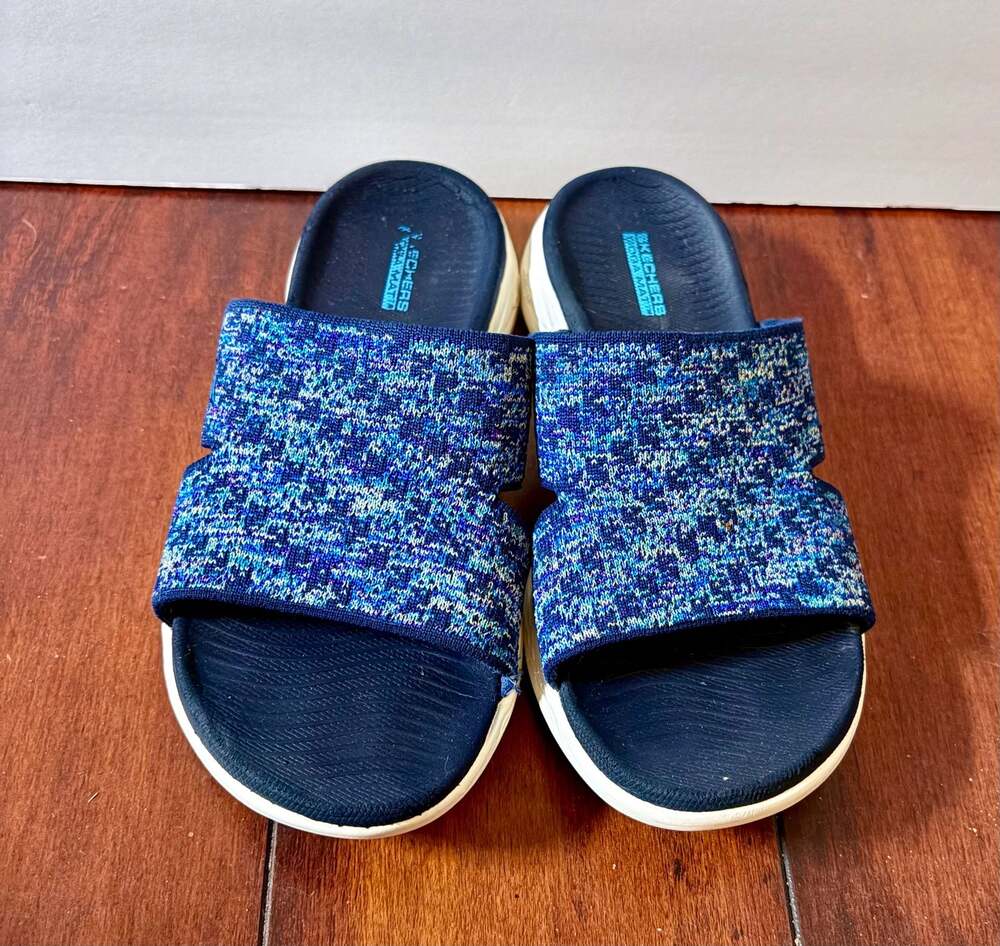 Skechers GoWalk Yoga Mat Blue Knit Slide Sandals - Picture 4 of 6